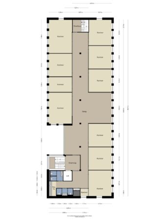 Plattegrond van een kantoorverdieping aan de Fascinatio Boulevard met meerdere kantoorruimtes, toiletten, pantry, lift en centrale gang.